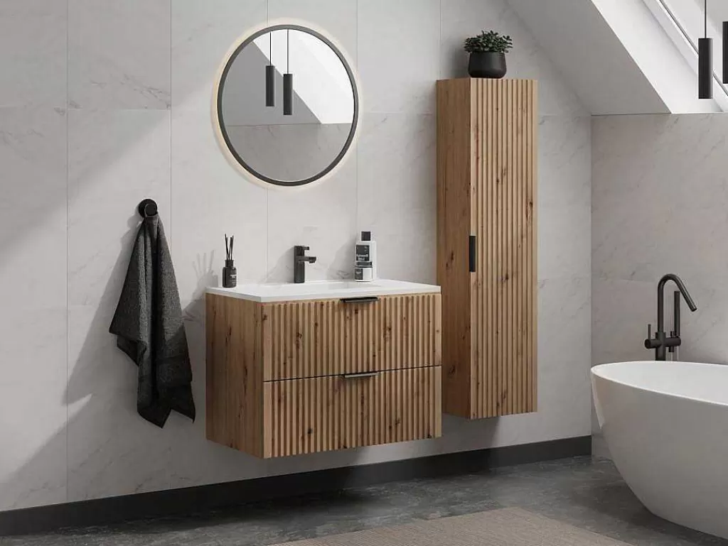 Móvel Lavatório Individual*Vente-unique Móvel De Casa De Banho Suspenso Estriado Lavatório De Encastrar Natural Claro 80 Cm - Zevara