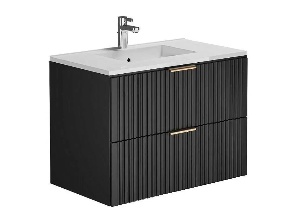 Móvel Lavatório Individual*Vente-unique Móvel De Casa De Banho Suspenso Estriado Lavatório De Encastrar Preto 80 Cm - Zevara