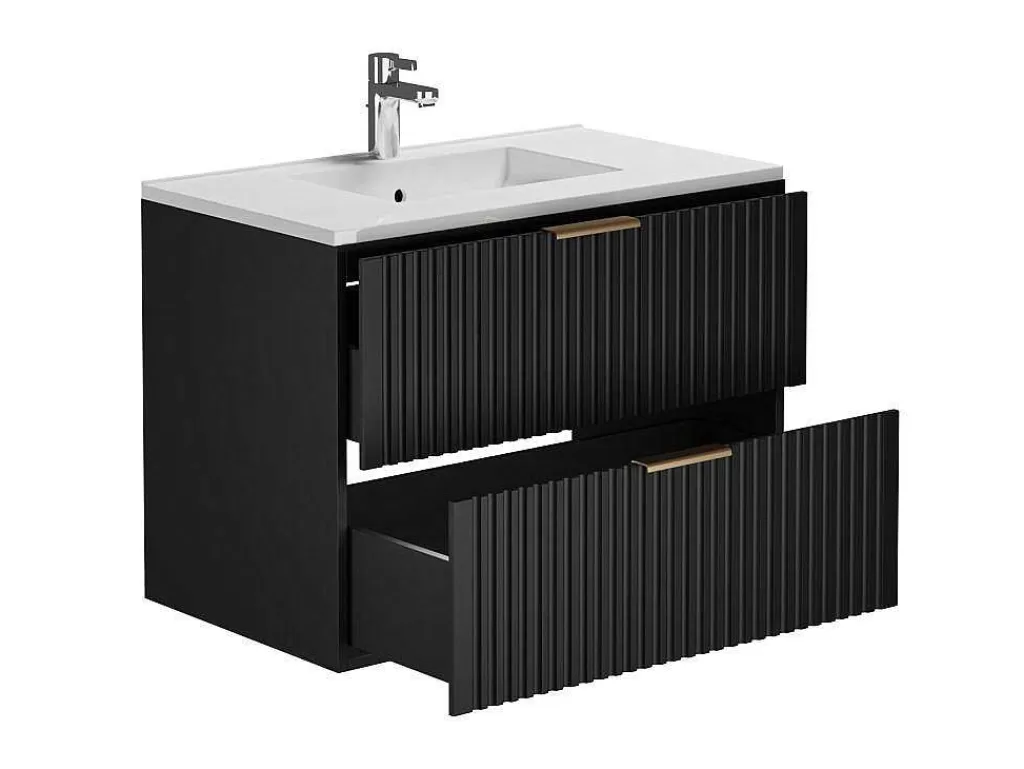 Móvel Lavatório Individual*Vente-unique Móvel De Casa De Banho Suspenso Estriado Lavatório De Encastrar Preto 80 Cm - Zevara
