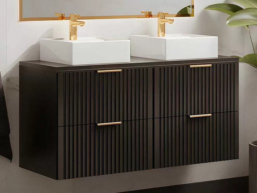 Móvel Lavatório Duplo*Vente-unique Móvel De Casa De Banho Suspenso Estriado Lavatório De Pousar Preto 120 Cm - Zevara