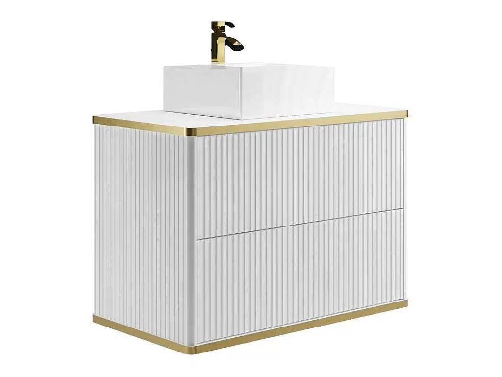 Móvel Lavatório Individual*Vente-unique Móvel De Casa De Banho Suspenso Estriado Rebordo Dourado Com Lavatório De Pousar Branco 80 Cm - Keliza