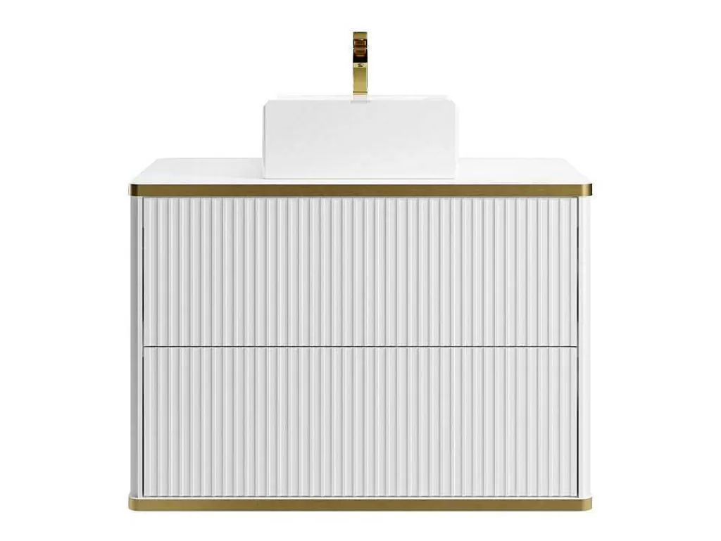 Móvel Lavatório Individual*Vente-unique Móvel De Casa De Banho Suspenso Estriado Rebordo Dourado Com Lavatório De Pousar Branco 80 Cm - Keliza