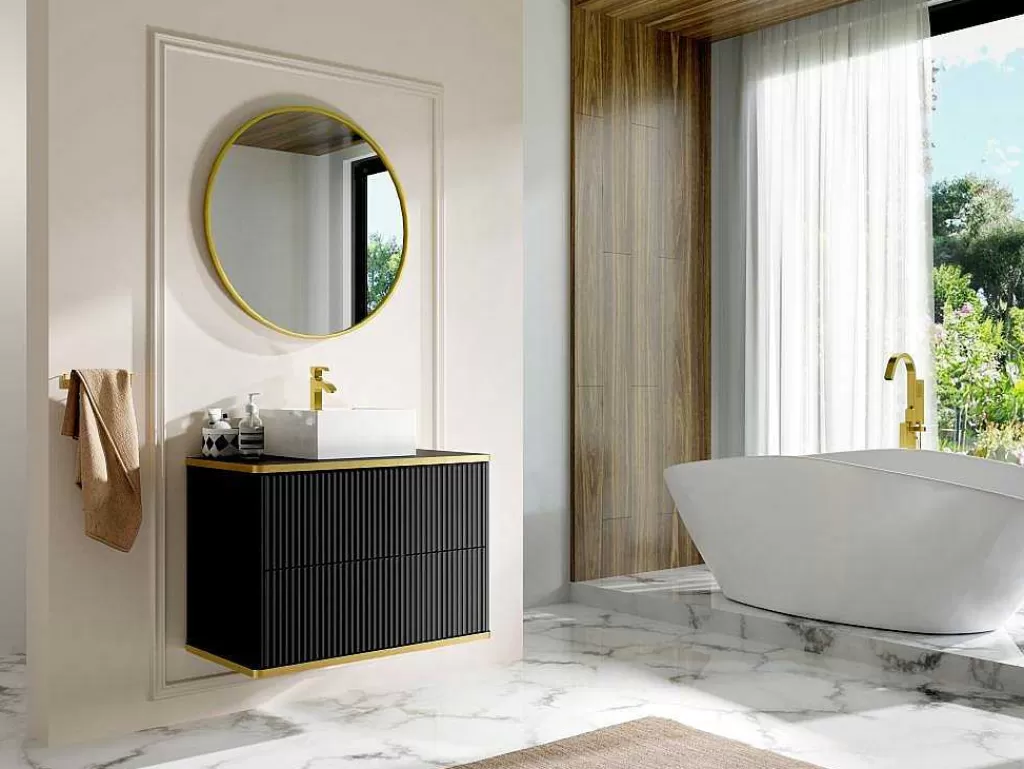Promoções Casa De Banho & Bem-Estar*Vente-unique Móvel De Casa De Banho Suspenso Estriado Rebordo Dourado Com Lavatório De Pousar Preto 80 Cm - Keliza