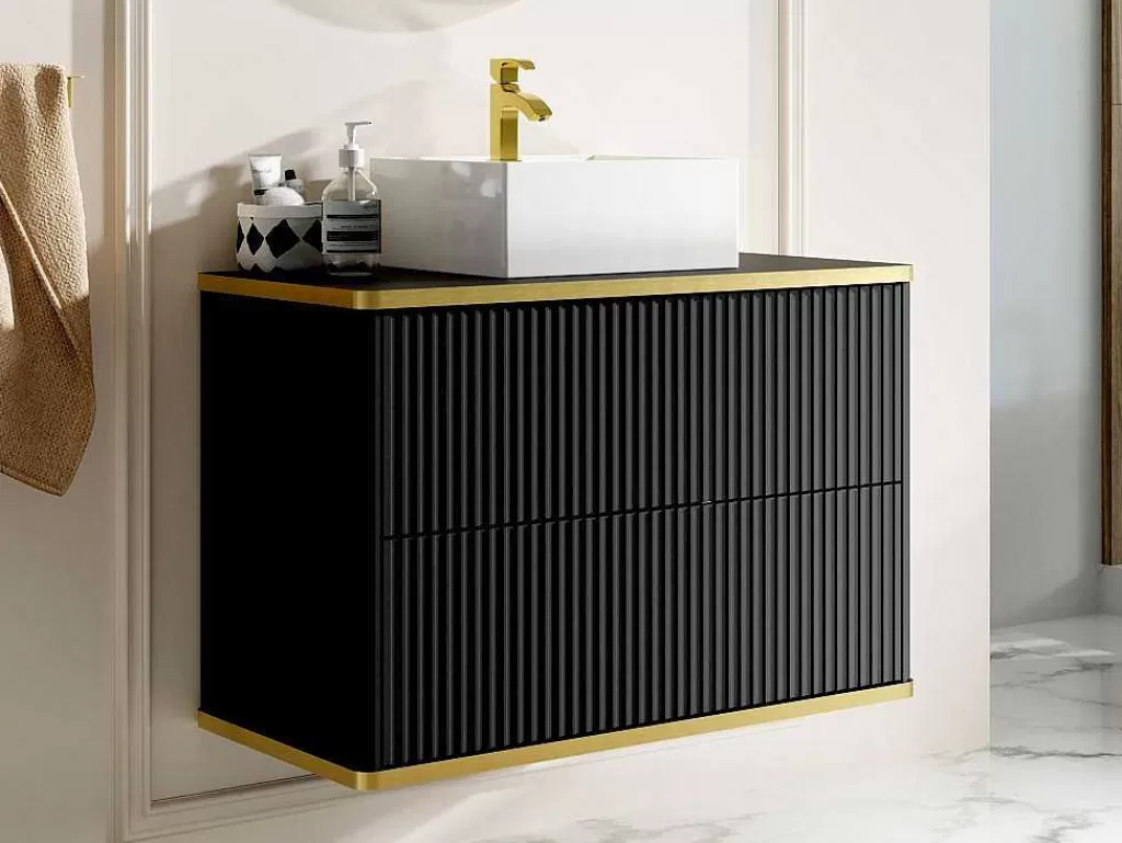 Promoções Casa De Banho & Bem-Estar*Vente-unique Móvel De Casa De Banho Suspenso Estriado Rebordo Dourado Com Lavatório De Pousar Preto 80 Cm - Keliza