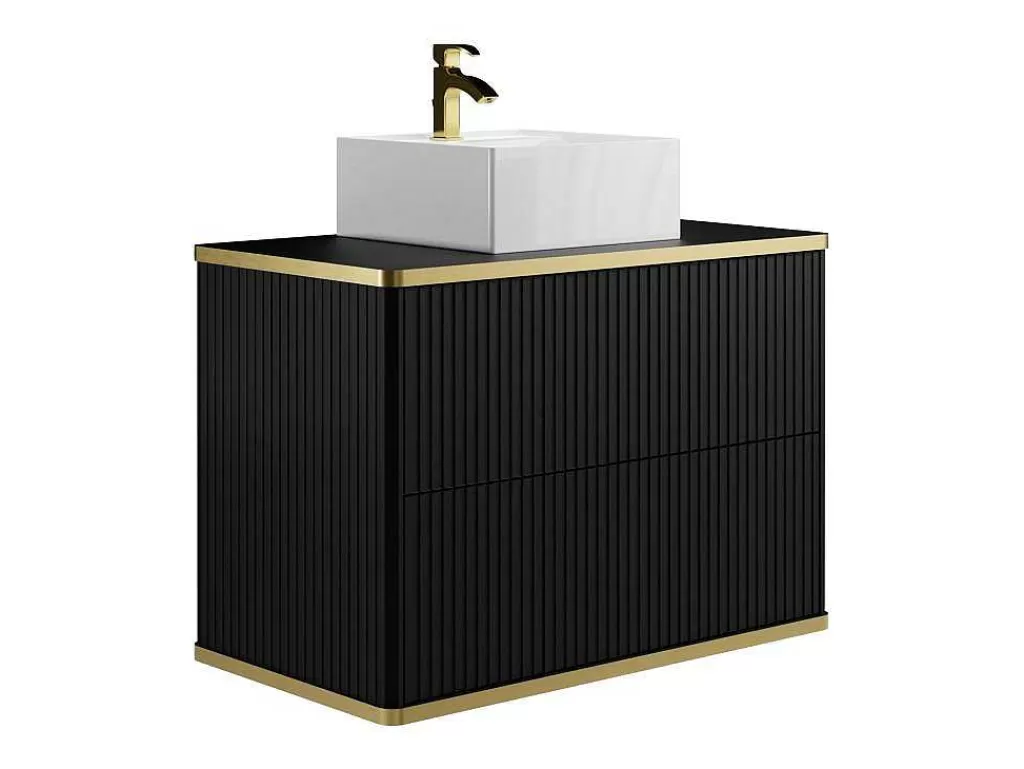 Promoções Casa De Banho & Bem-Estar*Vente-unique Móvel De Casa De Banho Suspenso Estriado Rebordo Dourado Com Lavatório De Pousar Preto 80 Cm - Keliza