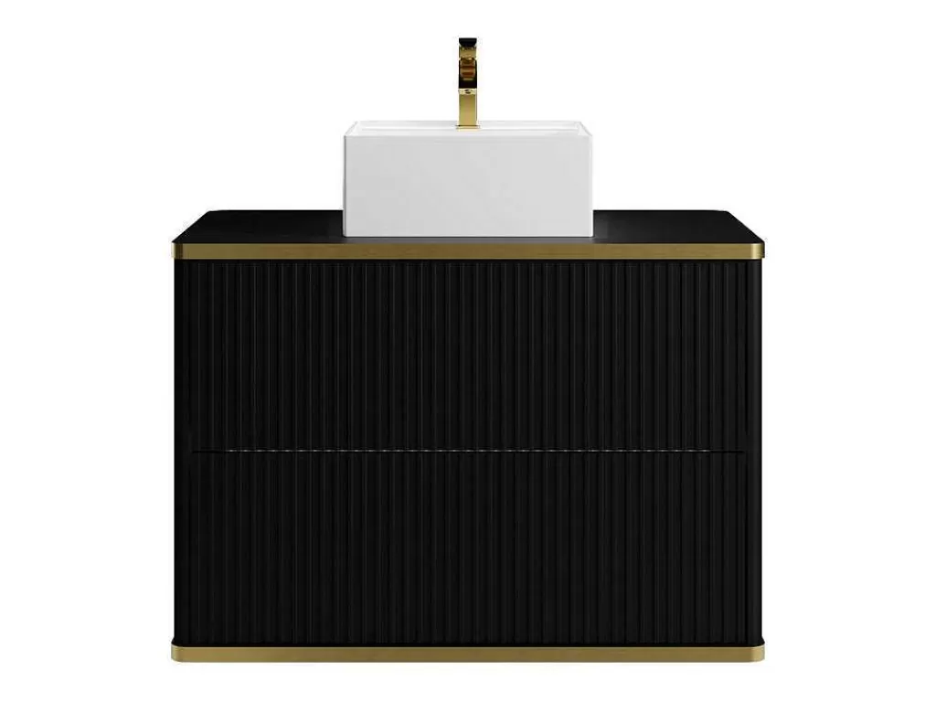Promoções Casa De Banho & Bem-Estar*Vente-unique Móvel De Casa De Banho Suspenso Estriado Rebordo Dourado Com Lavatório De Pousar Preto 80 Cm - Keliza