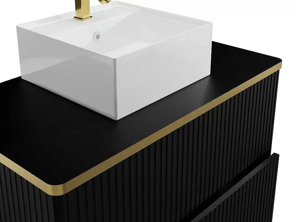 Promoções Casa De Banho & Bem-Estar*Vente-unique Móvel De Casa De Banho Suspenso Estriado Rebordo Dourado Com Lavatório De Pousar Preto 80 Cm - Keliza