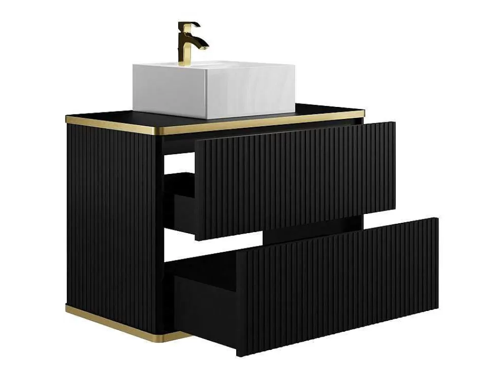 Promoções Casa De Banho & Bem-Estar*Vente-unique Móvel De Casa De Banho Suspenso Estriado Rebordo Dourado Com Lavatório De Pousar Preto 80 Cm - Keliza