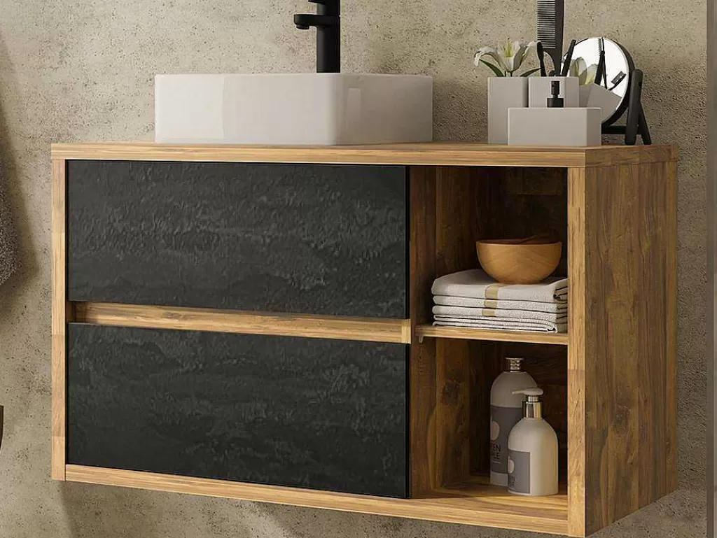 Móvel Lavatório Individual*Vente-unique Móvel De Casa De Banho Suspenso Lavatório Simples Cor Natural E Antracite De 100 Cm - Tikitiki