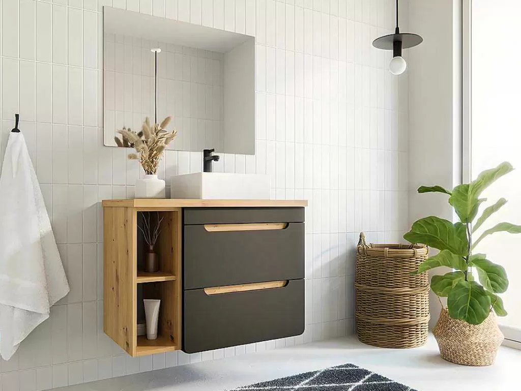 Móvel Lavatório Individual*Vente-unique Móvel De Casa De Banho Suspenso Lavatório Simples E Nichos Cor Natural E Antracite De 80 Cm - Aruba
