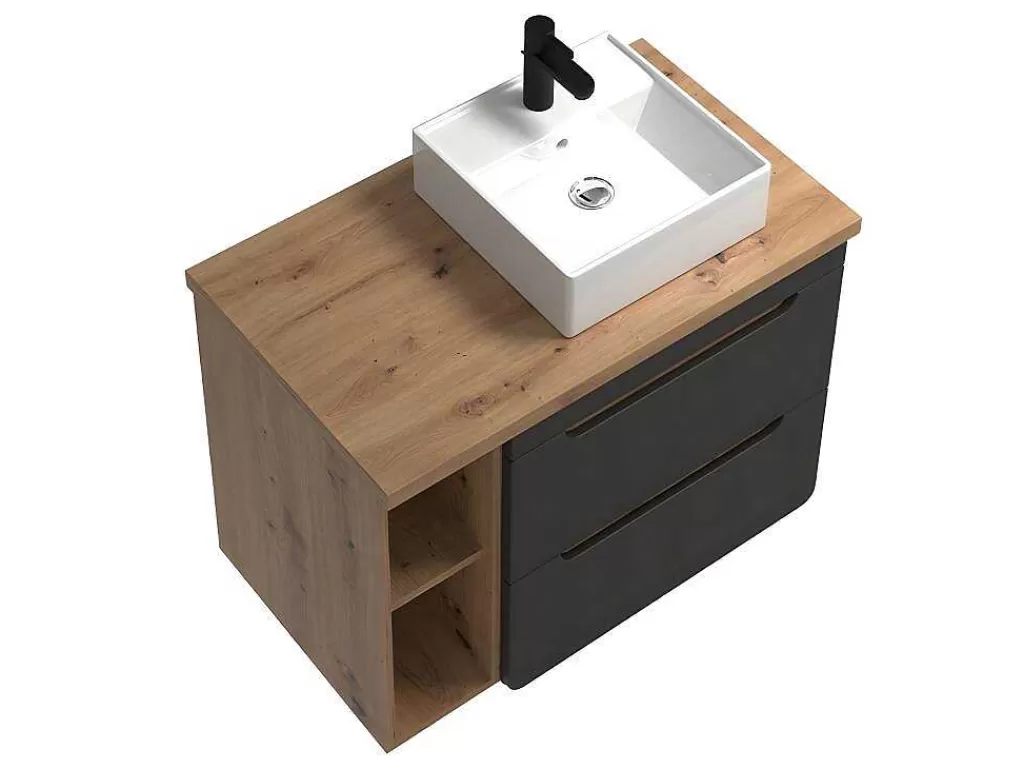 Móvel Lavatório Individual*Vente-unique Móvel De Casa De Banho Suspenso Lavatório Simples E Nichos Cor Natural E Antracite De 80 Cm - Aruba
