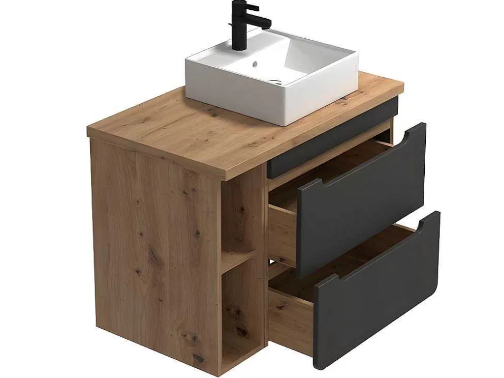 Móvel Lavatório Individual*Vente-unique Móvel De Casa De Banho Suspenso Lavatório Simples E Nichos Cor Natural E Antracite De 80 Cm - Aruba