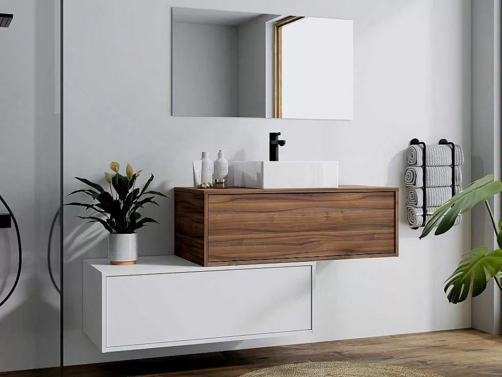 Móvel Lavatório Individual*Vente-unique Móvel De Casa De Banho Suspenso Natural Escuro E Branco Com Lavatório Individual E Duas Gavetas 94 Cm - Teana Ii