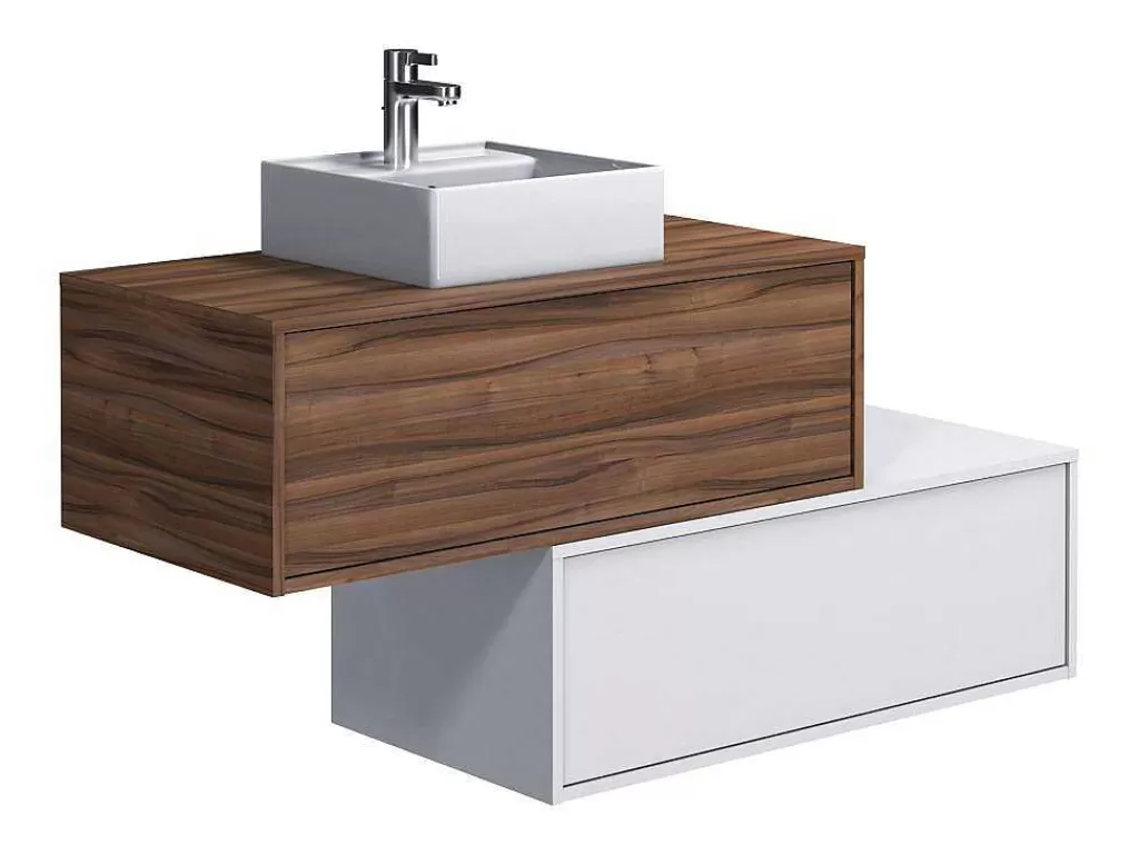 Móvel Lavatório Individual*Vente-unique Móvel De Casa De Banho Suspenso Natural Escuro E Branco Com Lavatório Individual E Duas Gavetas 94 Cm - Teana Ii