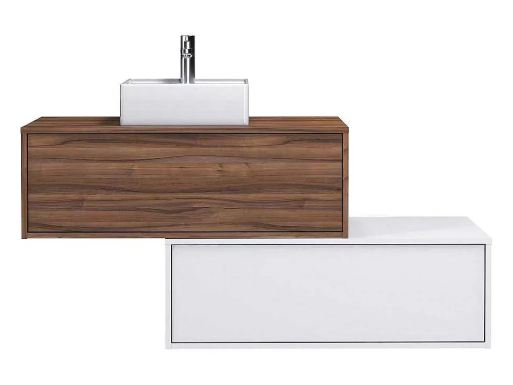 Móvel Lavatório Individual*Vente-unique Móvel De Casa De Banho Suspenso Natural Escuro E Branco Com Lavatório Individual E Duas Gavetas 94 Cm - Teana Ii