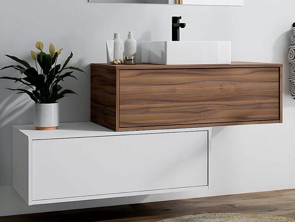 Móvel Lavatório Individual*Vente-unique Móvel De Casa De Banho Suspenso Natural Escuro E Branco Com Lavatório Individual E Duas Gavetas 94 Cm - Teana Ii