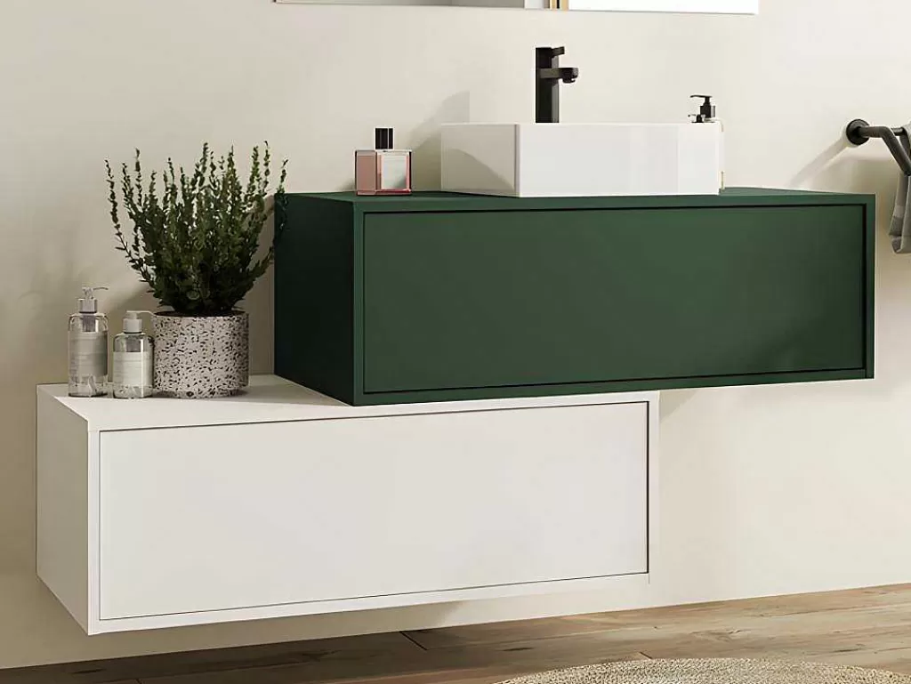 Promoções Casa De Banho & Bem-Estar*Vente-unique Móvel De Casa De Banho Suspenso Verde E Branco Lavatório Individual E Duas Gavetas 94 Cm - Teana Ii