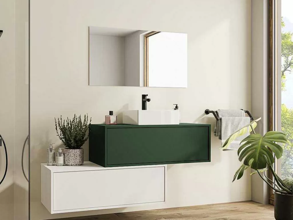 Promoções Casa De Banho & Bem-Estar*Vente-unique Móvel De Casa De Banho Suspenso Verde E Branco Lavatório Individual E Duas Gavetas 94 Cm - Teana Ii
