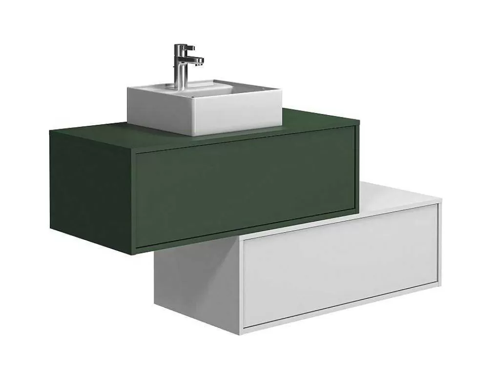 Promoções Casa De Banho & Bem-Estar*Vente-unique Móvel De Casa De Banho Suspenso Verde E Branco Lavatório Individual E Duas Gavetas 94 Cm - Teana Ii