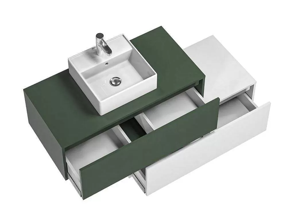 Promoções Casa De Banho & Bem-Estar*Vente-unique Móvel De Casa De Banho Suspenso Verde E Branco Lavatório Individual E Duas Gavetas 94 Cm - Teana Ii