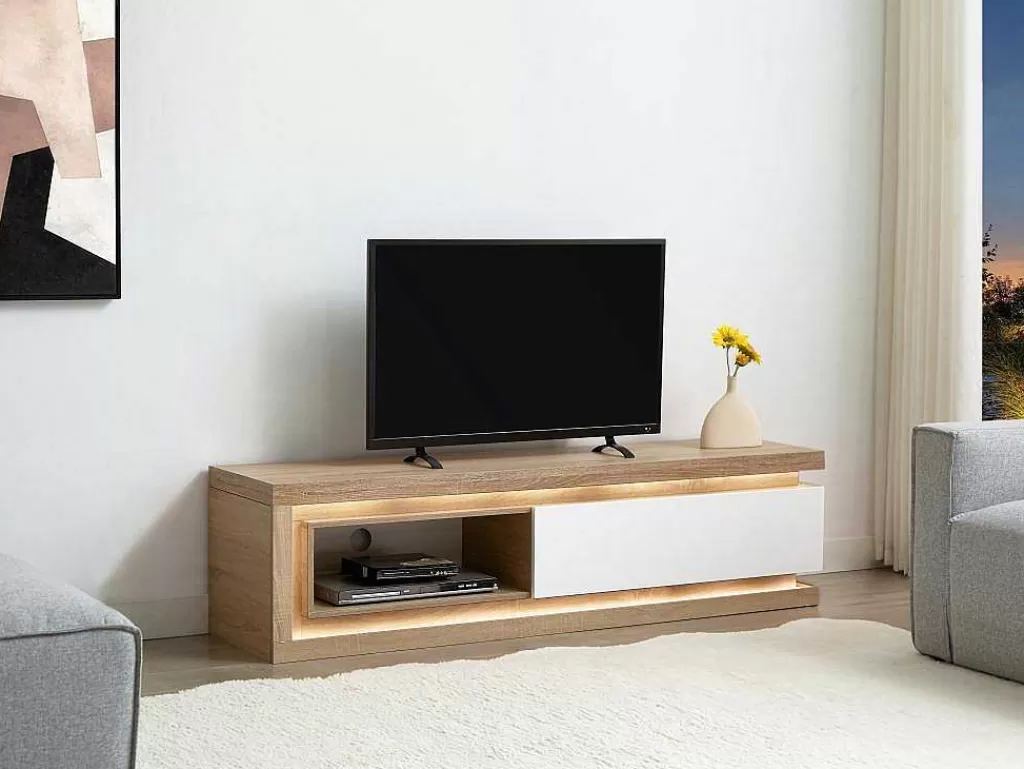 Móvel De Tv*Vente-unique Móvel De Tv 1 Gaveta E 1 Nicho Com Leds Mdf Natural E Lacado A Branco - Flarancia