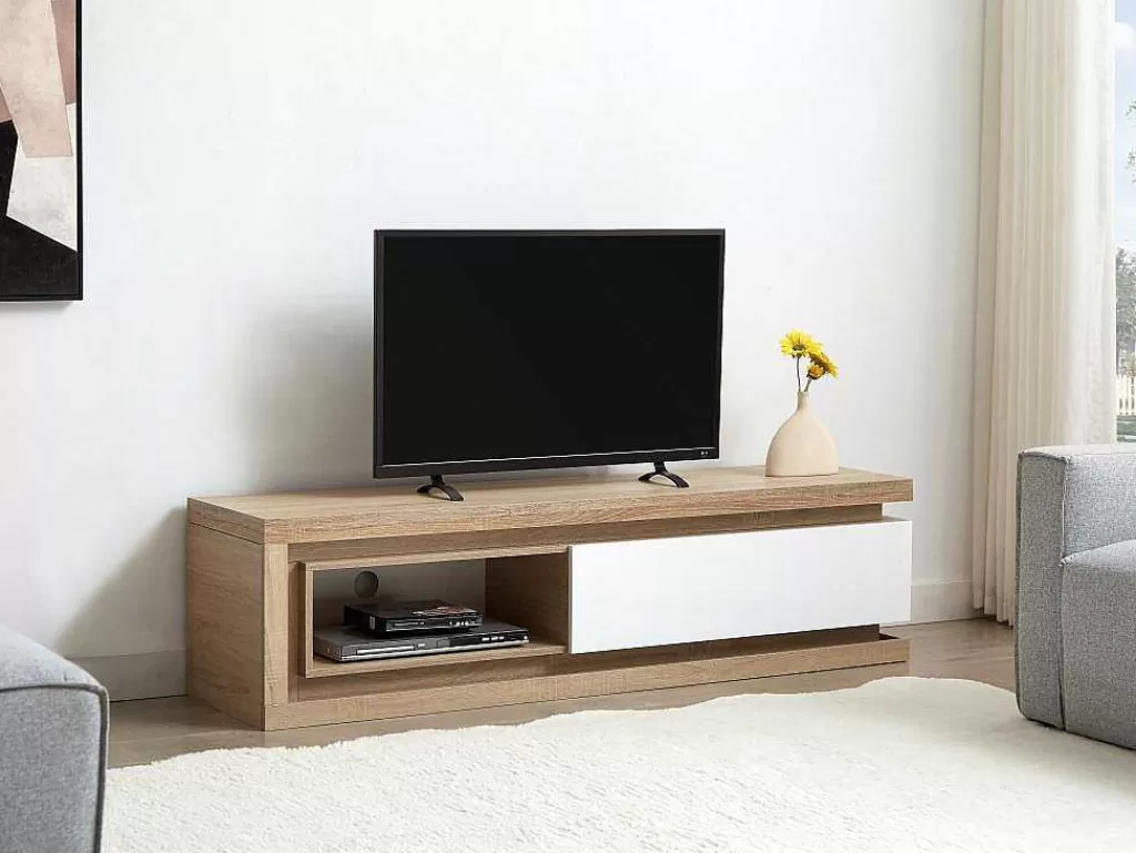 Móvel De Tv*Vente-unique Móvel De Tv 1 Gaveta E 1 Nicho Com Leds Mdf Natural E Lacado A Branco - Flarancia