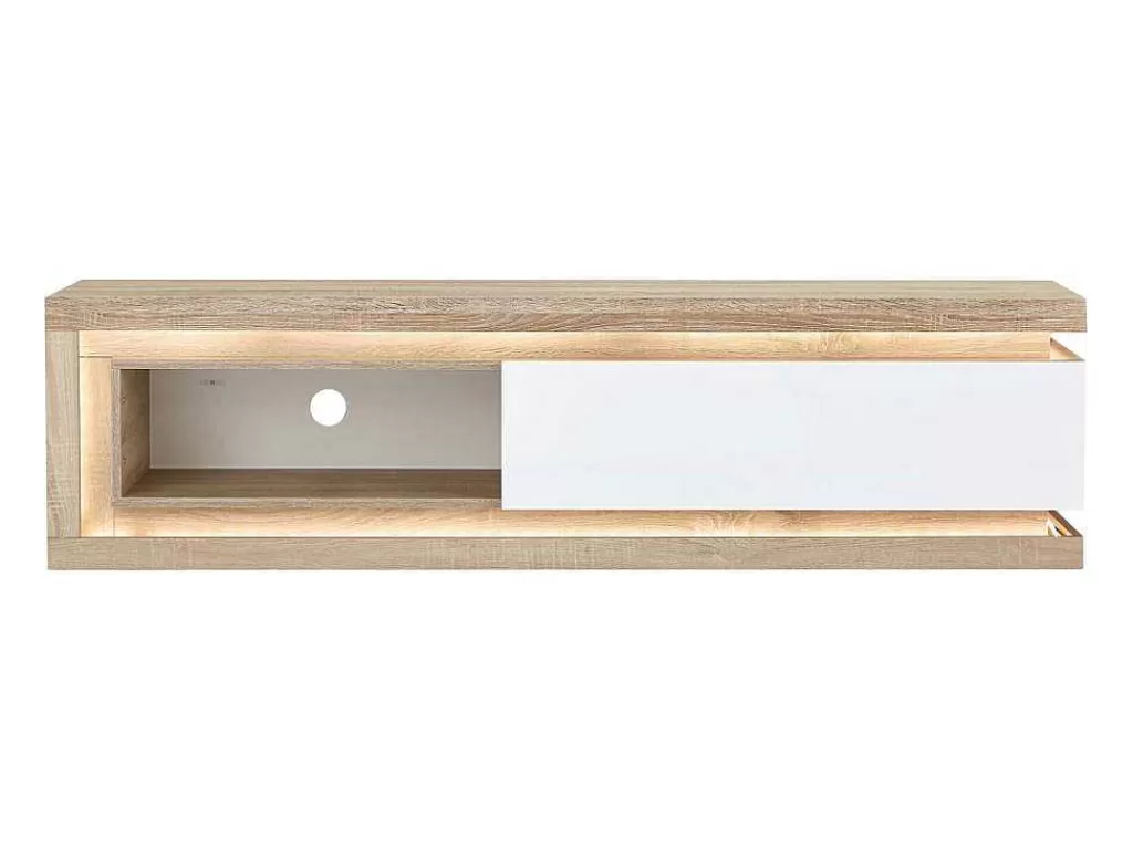 Móvel De Tv*Vente-unique Móvel De Tv 1 Gaveta E 1 Nicho Com Leds Mdf Natural E Lacado A Branco - Flarancia