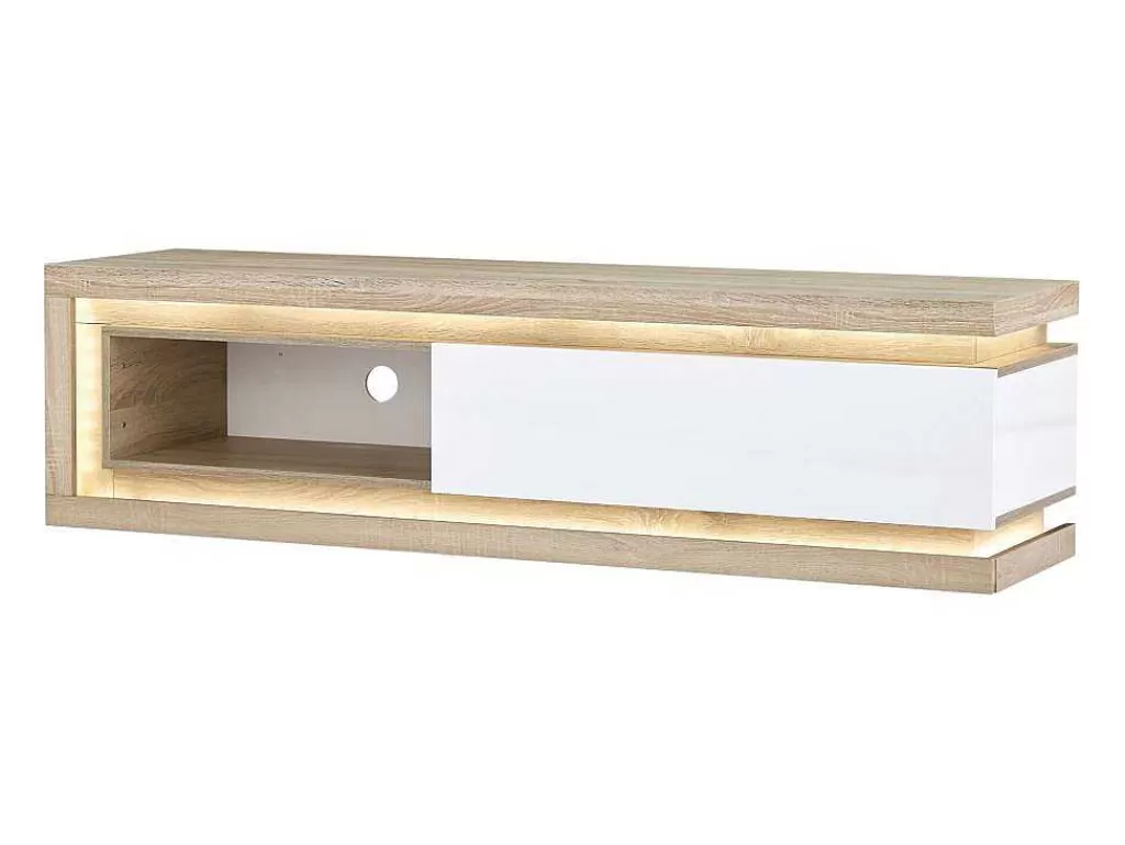 Móvel De Tv*Vente-unique Móvel De Tv 1 Gaveta E 1 Nicho Com Leds Mdf Natural E Lacado A Branco - Flarancia