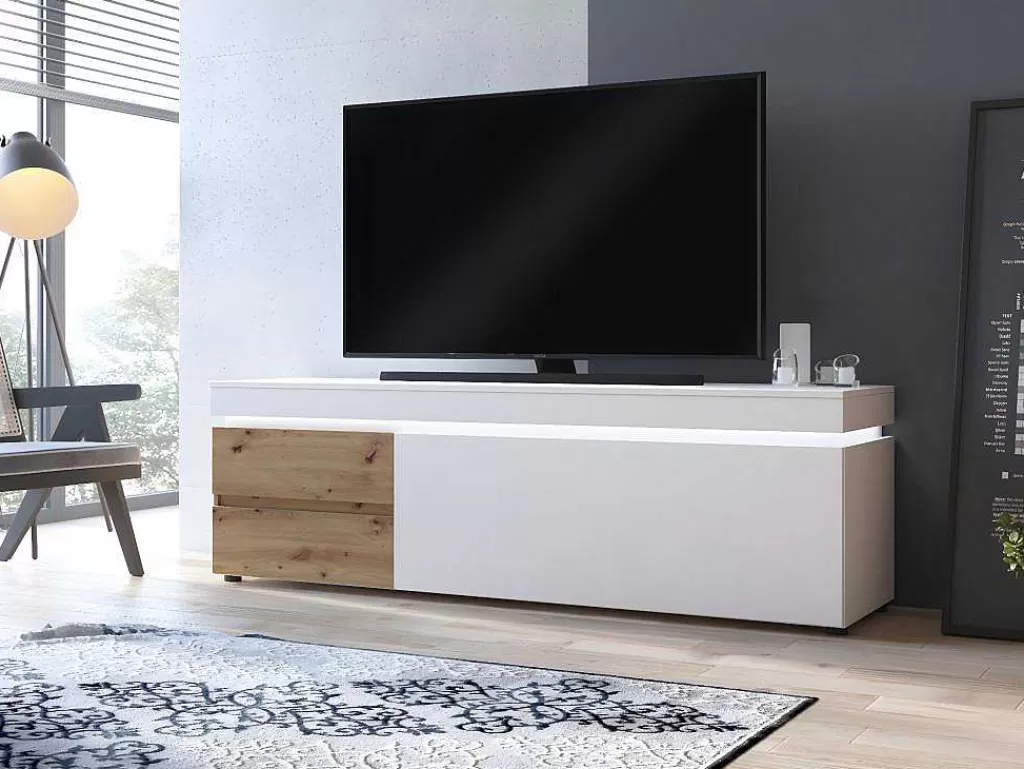 Promoções Sala*Vente-unique Móvel De Tv 1 Porta E 2 Gavetas Com Leds Natural E Lacado A Branco - Dolona