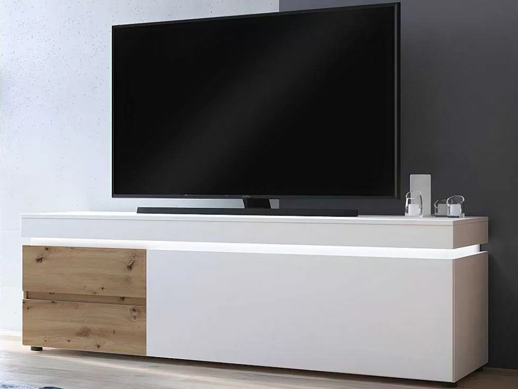 Promoções Sala*Vente-unique Móvel De Tv 1 Porta E 2 Gavetas Com Leds Natural E Lacado A Branco - Dolona