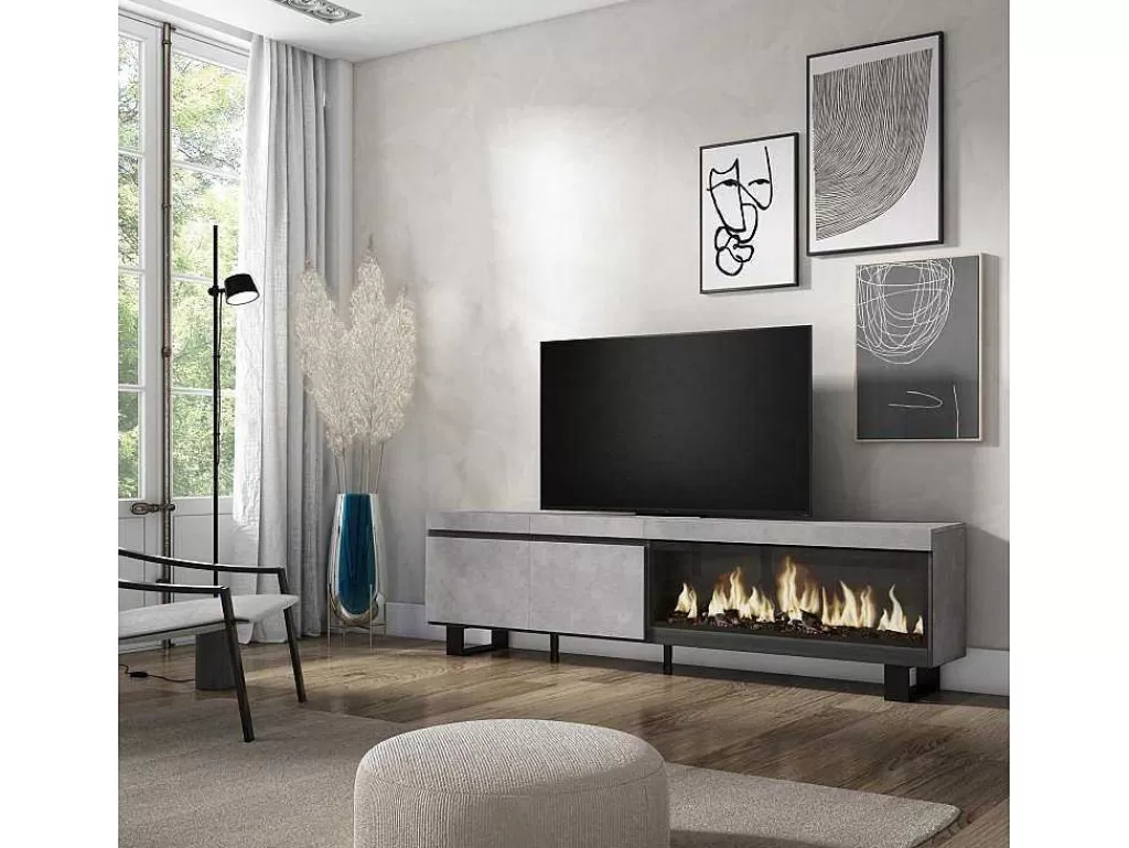Móvel De Tv*Skraut Home Móvel De Tv, 210, Para Televisores Ate 80", Lareira Electrica Xxl, Design Industrial, Cimento