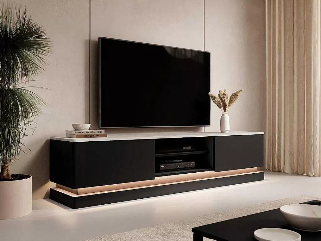 Móvel De Tv*PASCAL MORABITO Móvel De Tv 2 Gavetas E 2 Nichos Com Leds Em Mdf Preto E Efeito Marmore Branco - Devika De