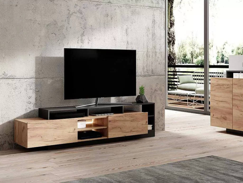 Promoções Sala*Vente-unique Móvel De Tv 2 Portas E 6 Nichos Com Leds Natural Claro E Antracite - Idesia