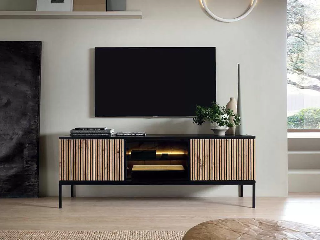 Móvel De Tv*Vente-unique Móvel De Tv 3 Portas Com Leds Mdf E Vidro Fumado Preto E Natural - Ovila