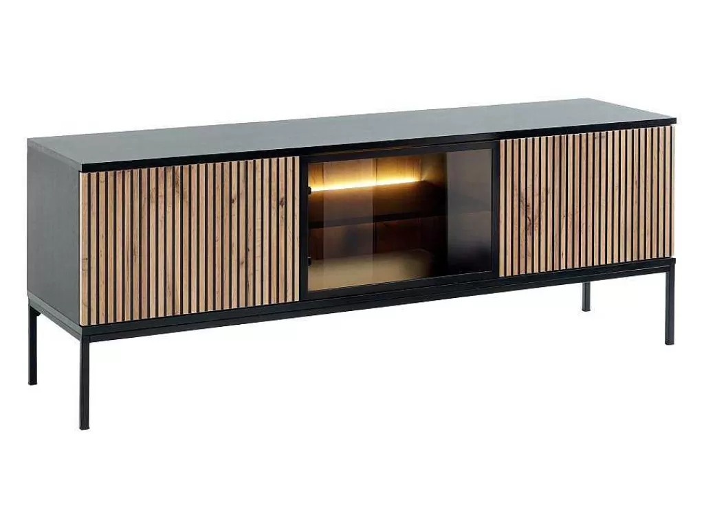 Móvel De Tv*Vente-unique Móvel De Tv 3 Portas Com Leds Mdf E Vidro Fumado Preto E Natural - Ovila