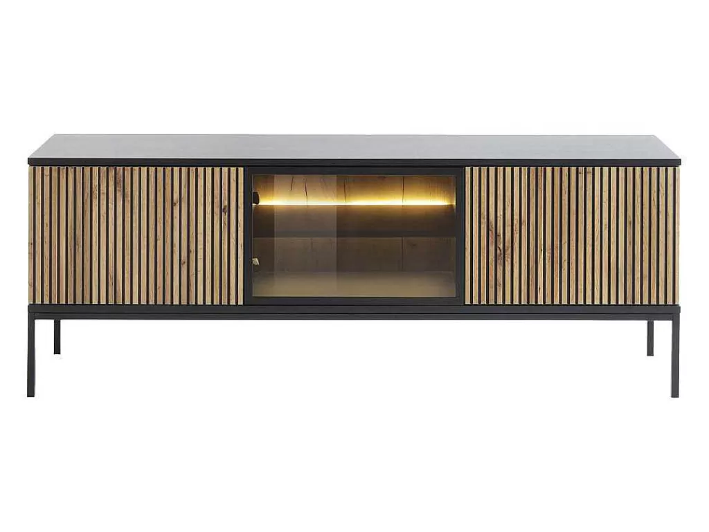 Móvel De Tv*Vente-unique Móvel De Tv 3 Portas Com Leds Mdf E Vidro Fumado Preto E Natural - Ovila