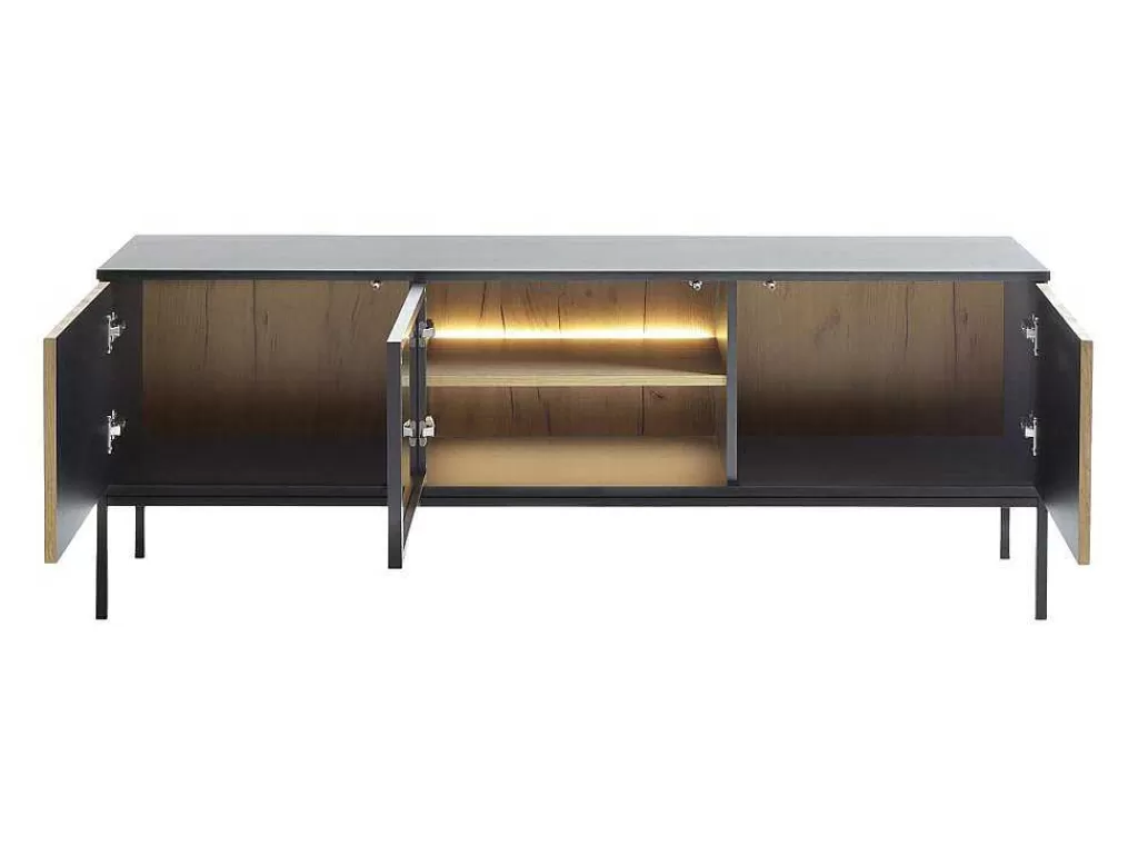 Móvel De Tv*Vente-unique Móvel De Tv 3 Portas Com Leds Mdf E Vidro Fumado Preto E Natural - Ovila