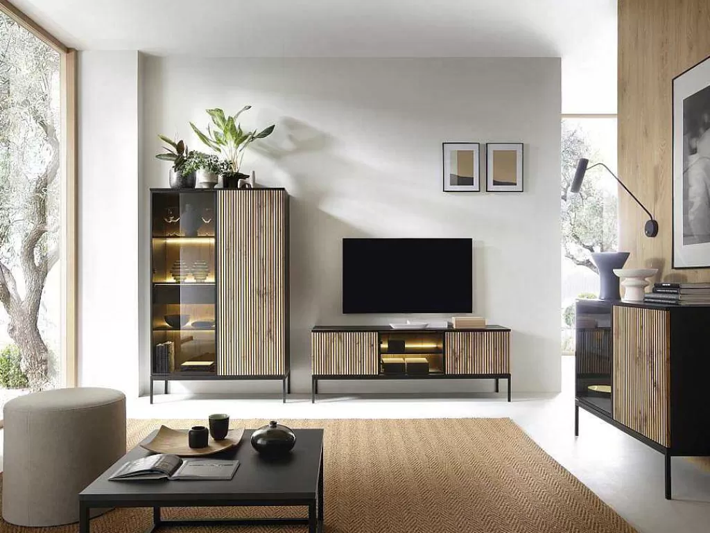 Móvel De Tv*Vente-unique Móvel De Tv 3 Portas Com Leds Mdf E Vidro Fumado Preto E Natural - Ovila