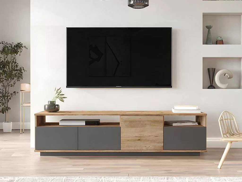 Móvel De Tv*Vente-unique Móvel De Tv 4 Portas E 2 Prateleiras Natural Claro E Antracite - Cedona
