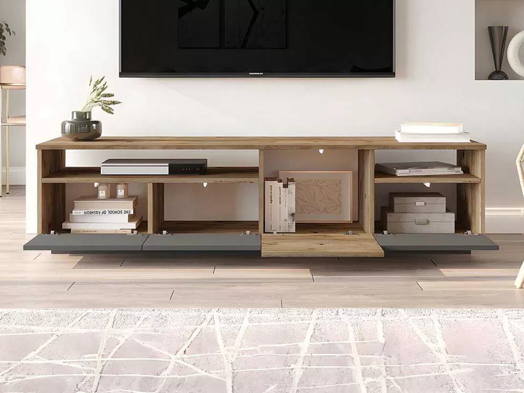 Móvel De Tv*Vente-unique Móvel De Tv 4 Portas E 2 Prateleiras Natural Claro E Antracite - Cedona