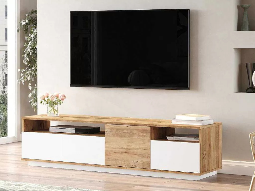 Móvel De Tv*Vente-unique Móvel De Tv 4 Portas E 2 Prateleiras Natural Claro E Branco - Cedona