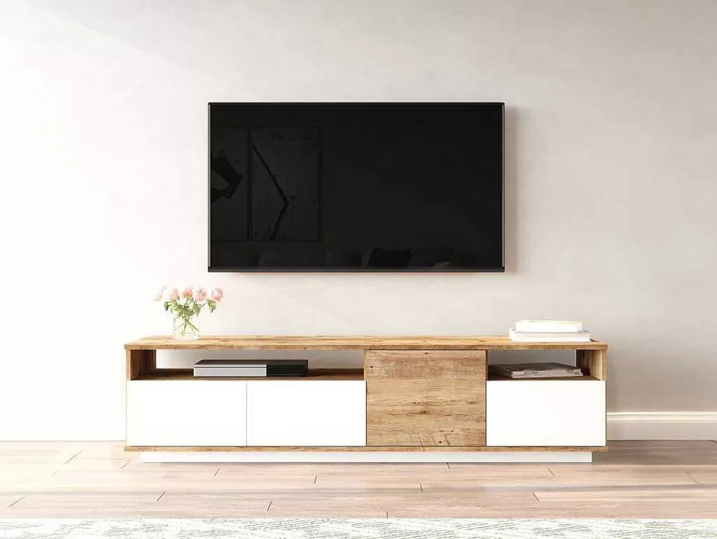 Móvel De Tv*Vente-unique Móvel De Tv 4 Portas E 2 Prateleiras Natural Claro E Branco - Cedona