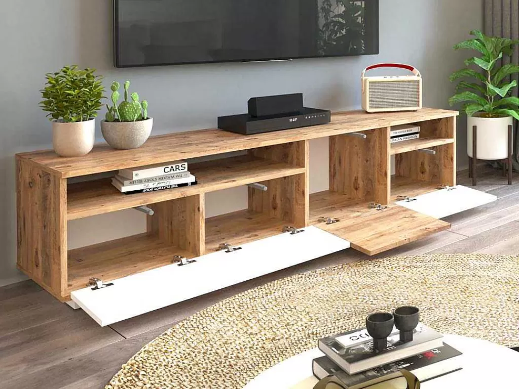 Móvel De Tv*Vente-unique Móvel De Tv 4 Portas E 2 Prateleiras Natural Claro E Branco - Cedona