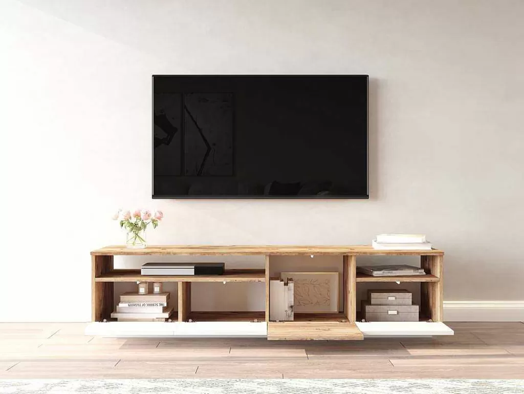 Móvel De Tv*Vente-unique Móvel De Tv 4 Portas E 2 Prateleiras Natural Claro E Branco - Cedona