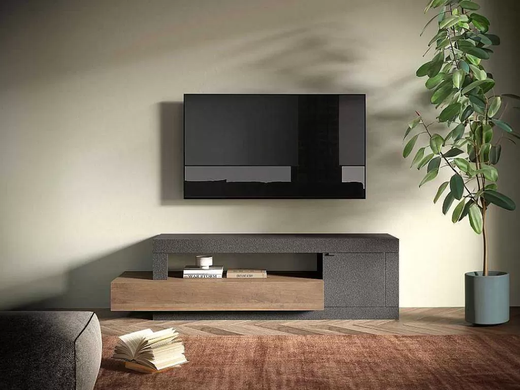 Móvel De Tv*Vente-unique Móvel De Tv Com 1 Porta, 1 Gaveta E 1 Nicho, Natural E Antracite - Ruselo
