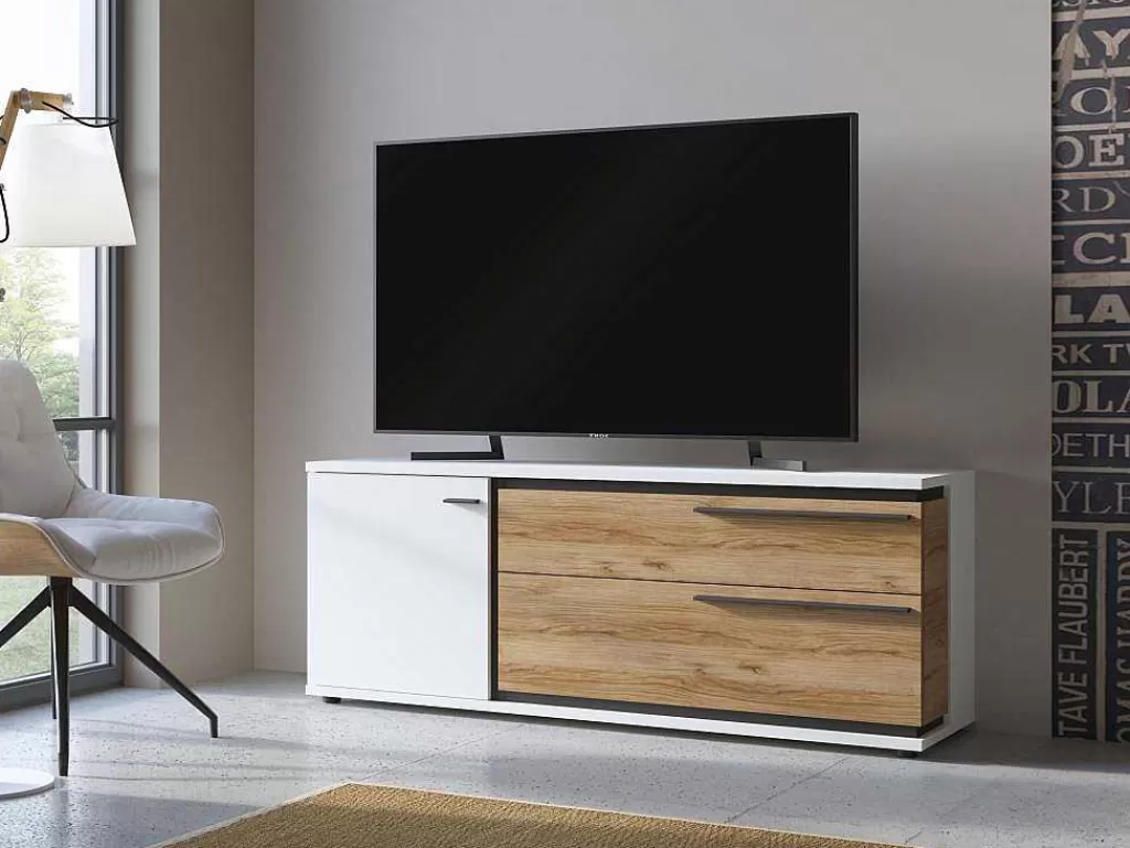 Móvel De Tv*Vente-unique Móvel De Tv Com 1 Porta E 2 Gavetas Natural E Branco - Nisuka