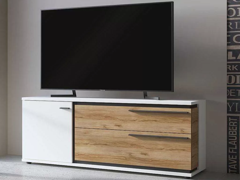 Móvel De Tv*Vente-unique Móvel De Tv Com 1 Porta E 2 Gavetas Natural E Branco - Nisuka