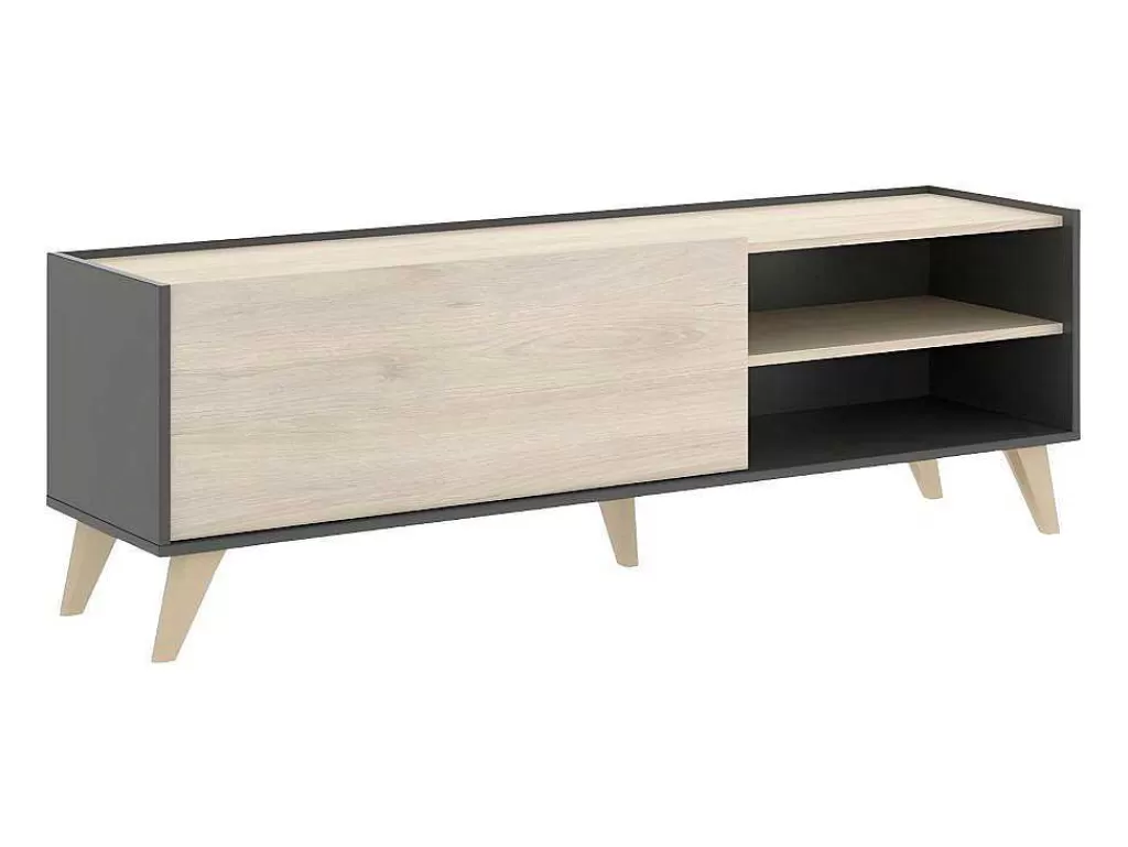 Móvel De Tv*Vente-unique Móvel De Tv Com 1 Porta E 2 Nichos Cor Carvalho E Antracite - Kolyma