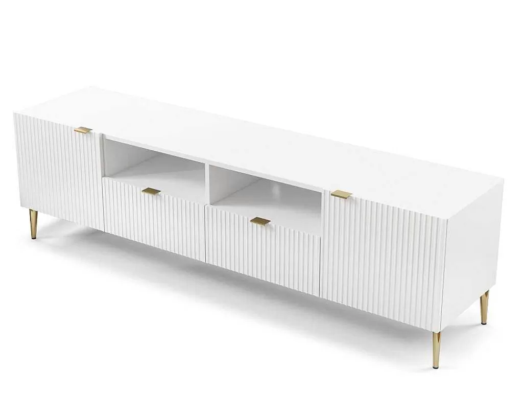 Móvel De Tv*Vente-unique Móvel De Tv Com 2 Portas, 2 Gavetas E 2 Nichos Em Mdf E Aco Branco E Dourado - Yesinia