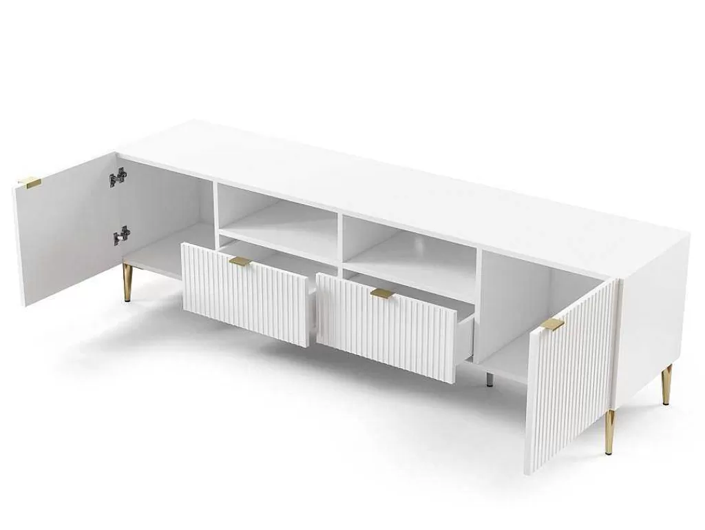 Móvel De Tv*Vente-unique Móvel De Tv Com 2 Portas, 2 Gavetas E 2 Nichos Em Mdf E Aco Branco E Dourado - Yesinia
